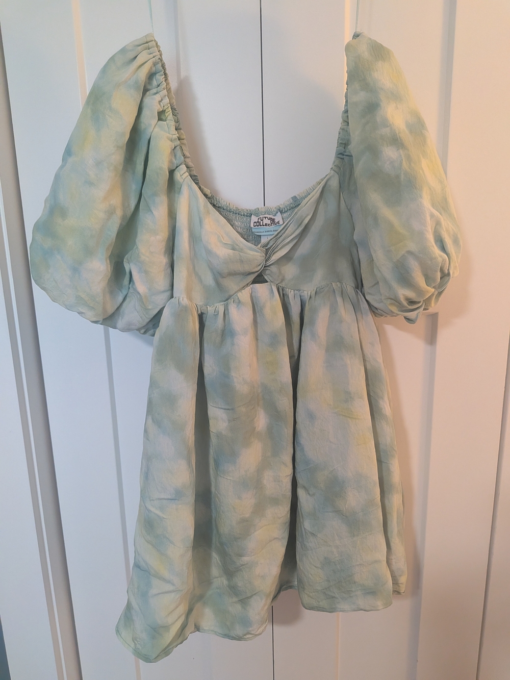 Future Collective Dress Womens L Green Blue Puff Sleeve Babydoll Mini Tie Dye